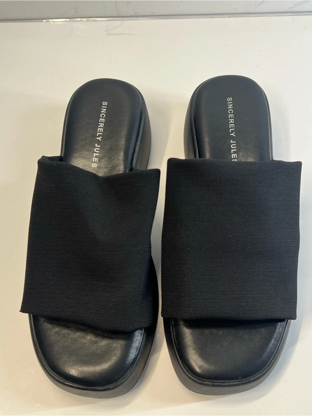 Sincerely Jules Black Platform Wedge Slide Sandals Stretch Fabric